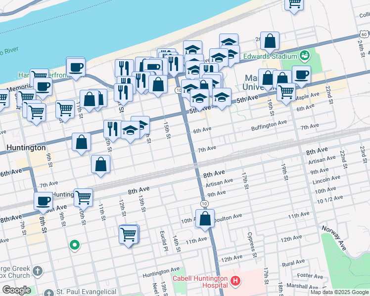 map of restaurants, bars, coffee shops, grocery stores, and more near 620 West Virginia 10 in Huntington