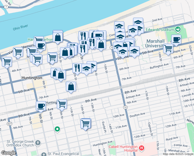 map of restaurants, bars, coffee shops, grocery stores, and more near 1411 6th Avenue in Huntington