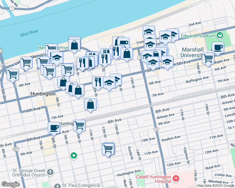 map of restaurants, bars, coffee shops, grocery stores, and more near 1324 6th Avenue in Huntington