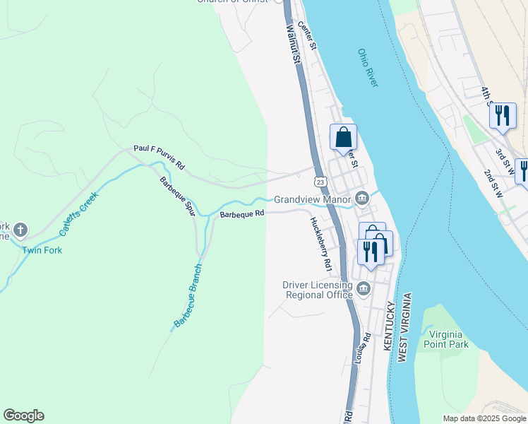map of restaurants, bars, coffee shops, grocery stores, and more near 2001 Barbeque Road in Catlettsburg