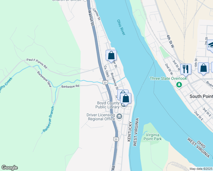 map of restaurants, bars, coffee shops, grocery stores, and more near Walnut Street in Catlettsburg