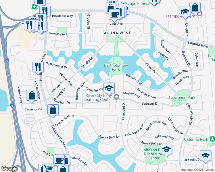 map of restaurants, bars, coffee shops, grocery stores, and more near 3012 Buckminster Drive in Elk Grove