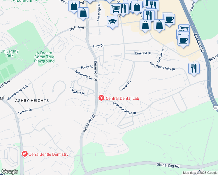 map of restaurants, bars, coffee shops, grocery stores, and more near 2355 Breckenridge Court in Harrisonburg
