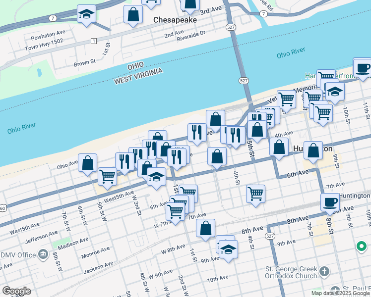 map of restaurants, bars, coffee shops, grocery stores, and more near 321 2nd Street in Huntington