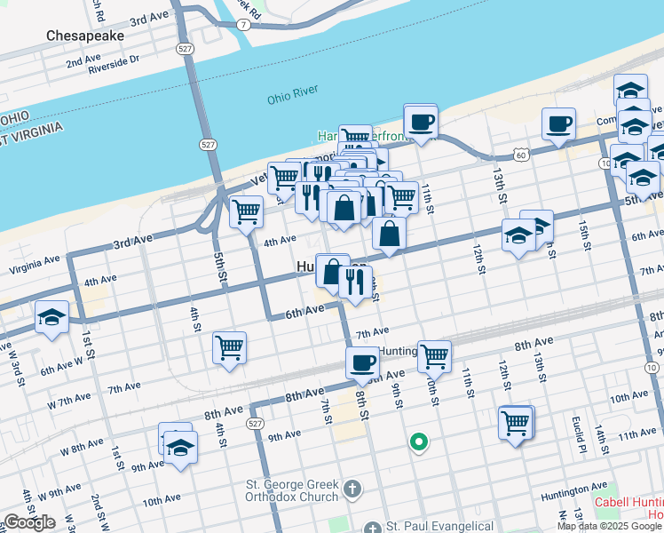 map of restaurants, bars, coffee shops, grocery stores, and more near in Huntington