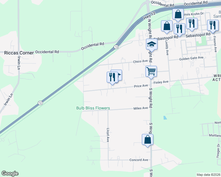 map of restaurants, bars, coffee shops, grocery stores, and more near 4389 Price Avenue in Santa Rosa