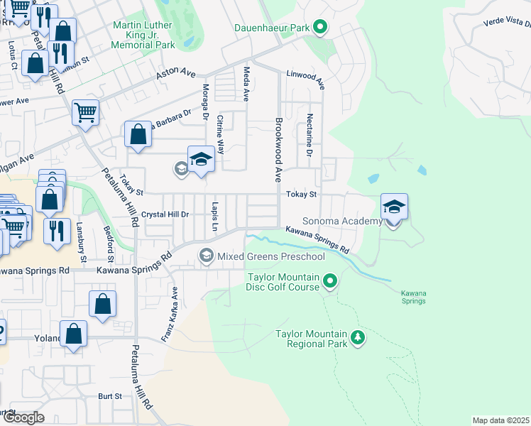 map of restaurants, bars, coffee shops, grocery stores, and more near 2225 Meteorite Lane in Santa Rosa