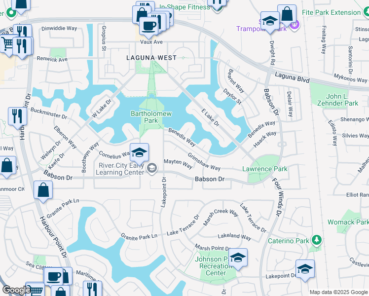 map of restaurants, bars, coffee shops, grocery stores, and more near 3233 Grimshaw Way in Elk Grove