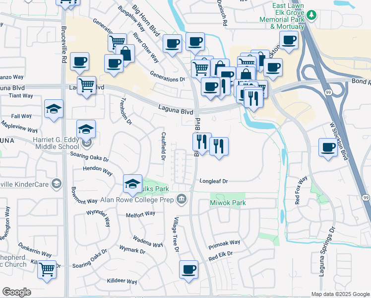 map of restaurants, bars, coffee shops, grocery stores, and more near 8352 Crystal Walk Circle in Elk Grove