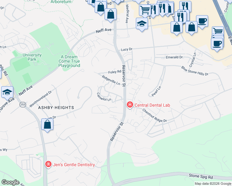map of restaurants, bars, coffee shops, grocery stores, and more near 730 Ridgeville Lane in Harrisonburg