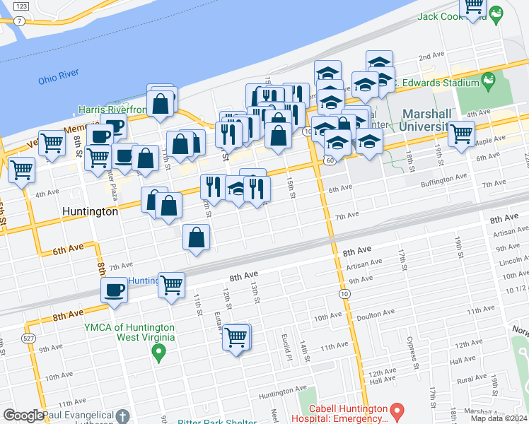 map of restaurants, bars, coffee shops, grocery stores, and more near 1411 6th Avenue in Huntington