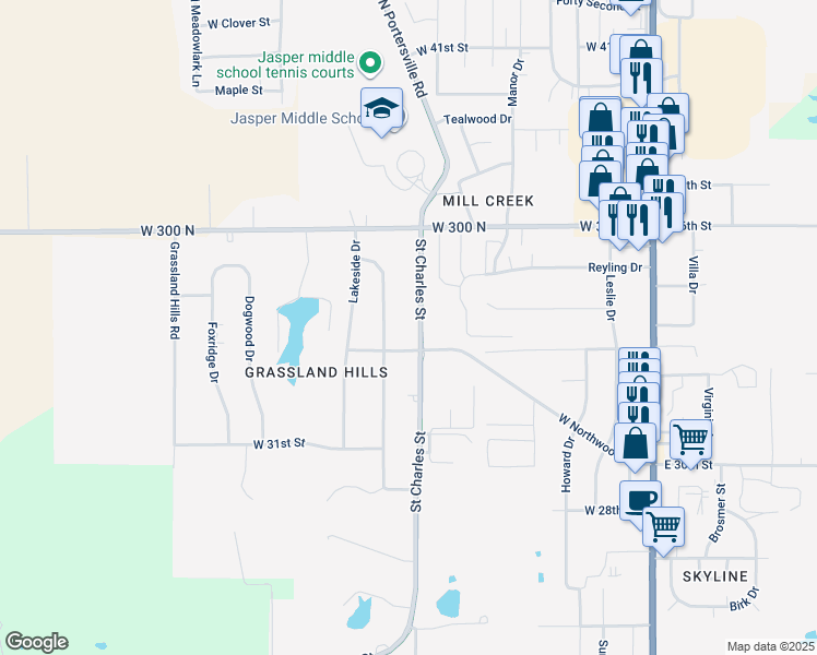 map of restaurants, bars, coffee shops, grocery stores, and more near 3375 Saint Charles Street in Jasper