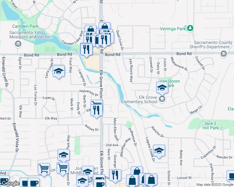 map of restaurants, bars, coffee shops, grocery stores, and more near 9366 Aizenberg Circle in Elk Grove
