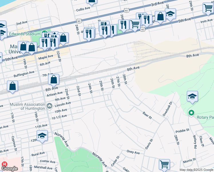 map of restaurants, bars, coffee shops, grocery stores, and more near 2533 Artisan Avenue in Huntington