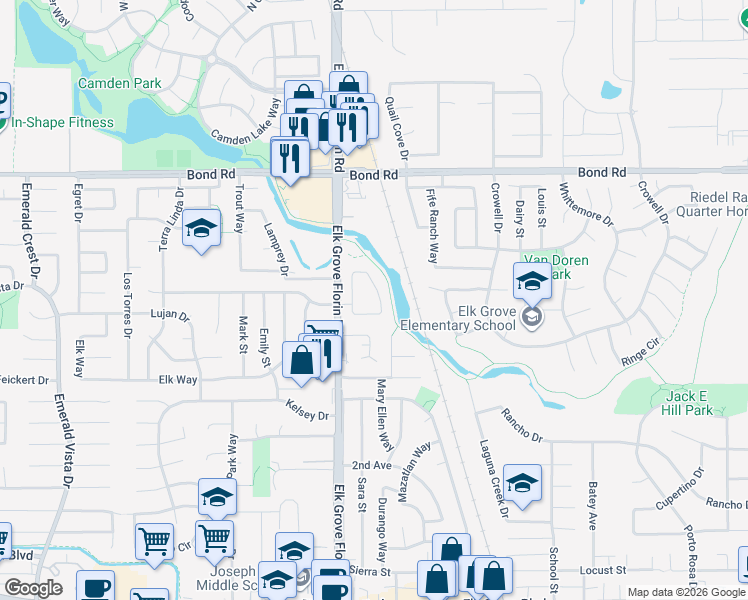 map of restaurants, bars, coffee shops, grocery stores, and more near 9360 Aizenberg Circle in Elk Grove