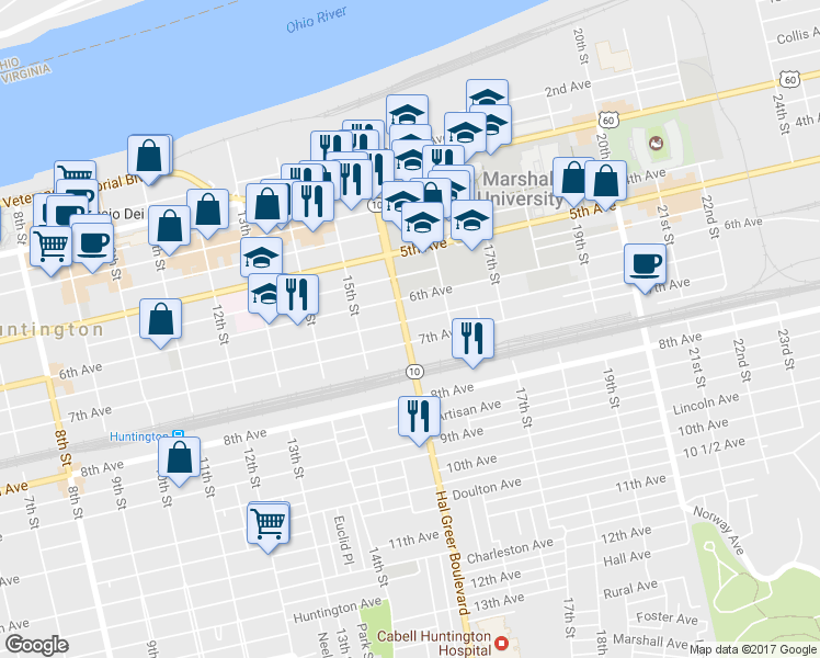 map of restaurants, bars, coffee shops, grocery stores, and more near 626 Hal Greer Boulevard in Huntington