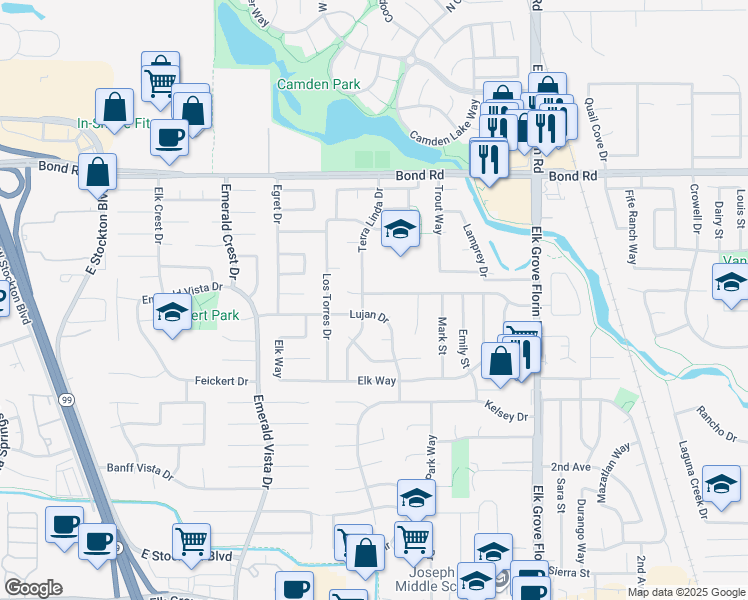map of restaurants, bars, coffee shops, grocery stores, and more near 8720 Halverson Drive in Elk Grove