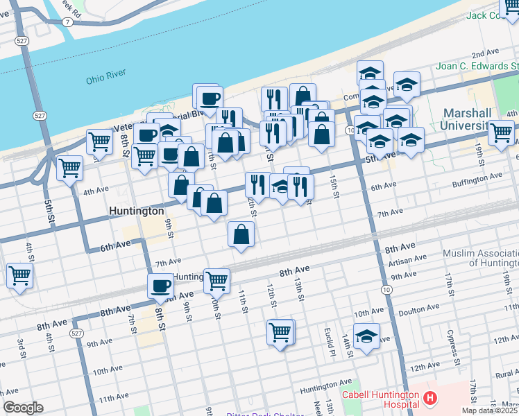 map of restaurants, bars, coffee shops, grocery stores, and more near 1230 6th Avenue in Huntington