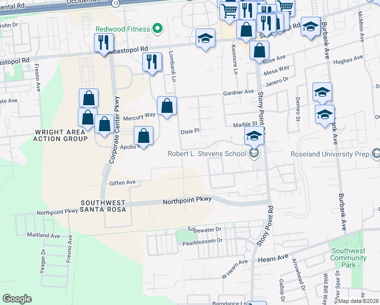 map of restaurants, bars, coffee shops, grocery stores, and more near 2540 Campbell Drive in Santa Rosa