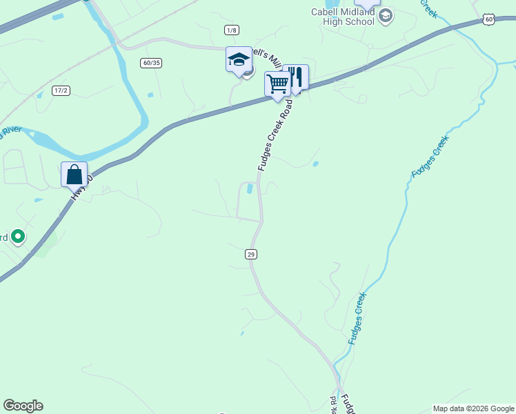 map of restaurants, bars, coffee shops, grocery stores, and more near 195 Fudges Creek Rd in Ona
