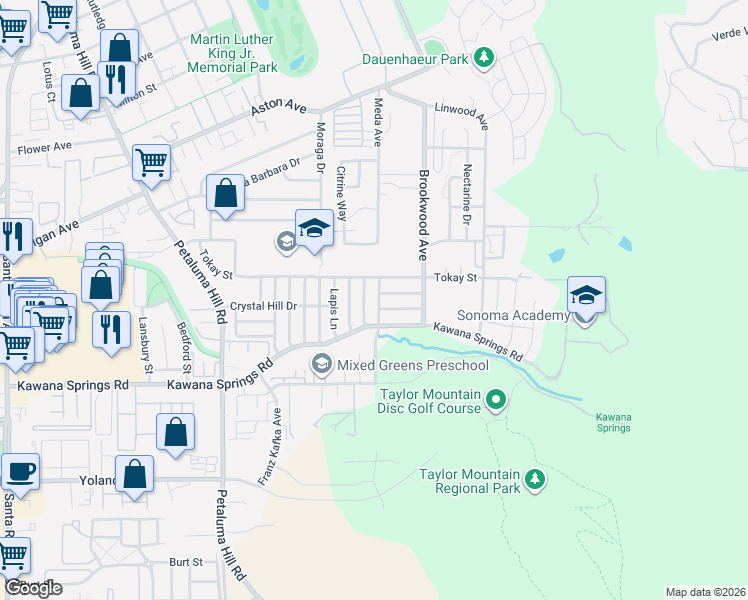 map of restaurants, bars, coffee shops, grocery stores, and more near 2433 Jadeite Way in Santa Rosa