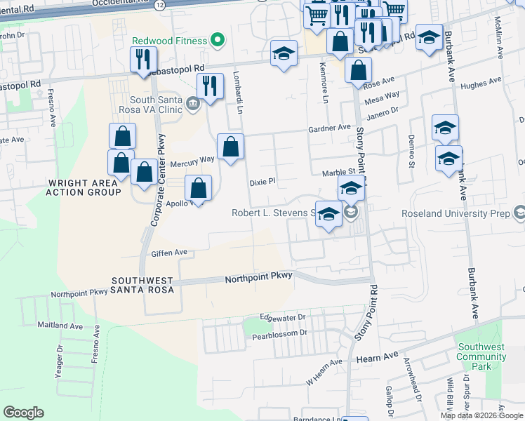 map of restaurants, bars, coffee shops, grocery stores, and more near 2535 Campbell Drive in Santa Rosa