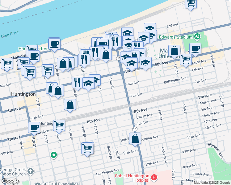 map of restaurants, bars, coffee shops, grocery stores, and more near 1505 6th Avenue in Huntington