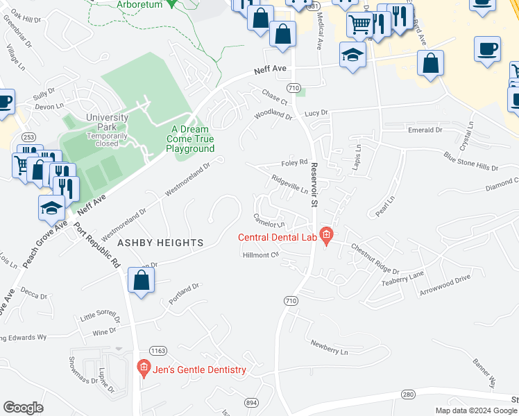 map of restaurants, bars, coffee shops, grocery stores, and more near 2419 Avalon Woods in Harrisonburg