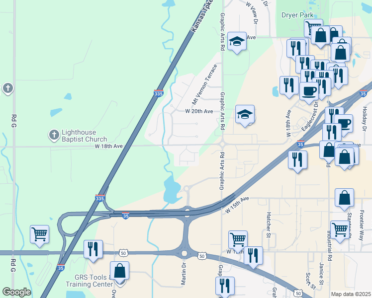 map of restaurants, bars, coffee shops, grocery stores, and more near 3601 West 18th Avenue in Emporia
