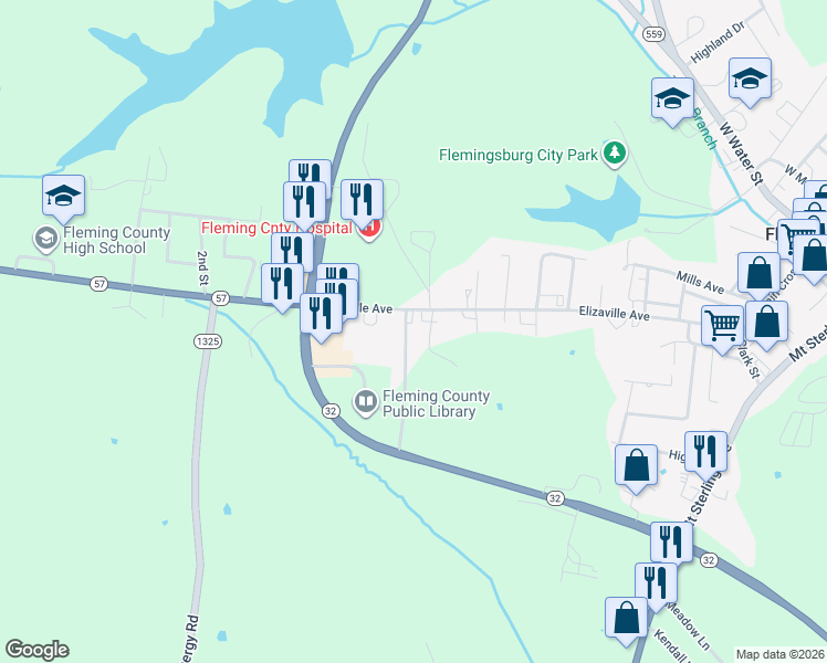 map of restaurants, bars, coffee shops, grocery stores, and more near 45 Frazier Street in Flemingsburg