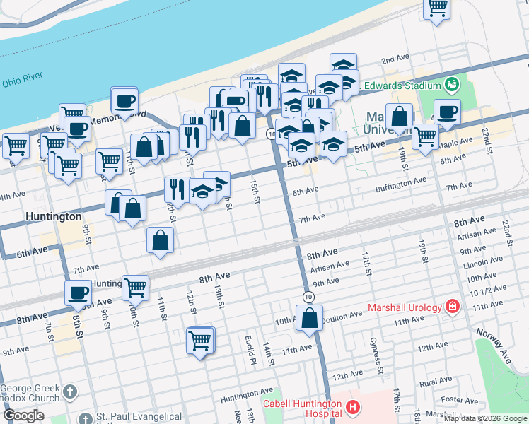 map of restaurants, bars, coffee shops, grocery stores, and more near 620 15th Street in Huntington