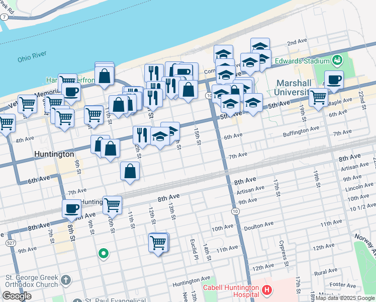 map of restaurants, bars, coffee shops, grocery stores, and more near 1411 6th Avenue in Huntington