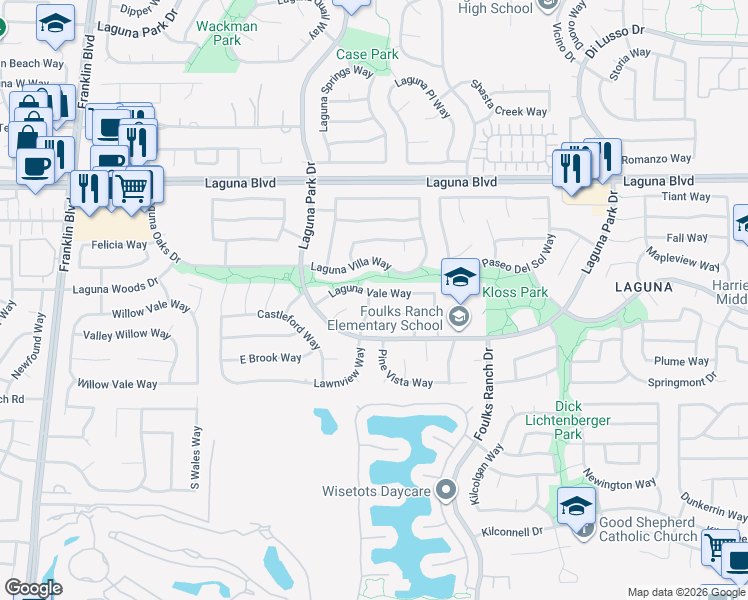 map of restaurants, bars, coffee shops, grocery stores, and more near 5918 Laguna Vale Way in Elk Grove