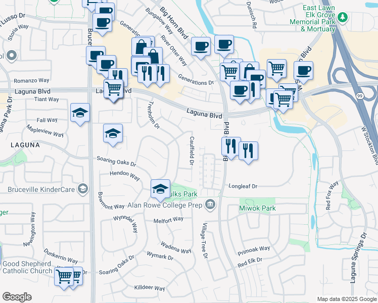 map of restaurants, bars, coffee shops, grocery stores, and more near 9319 Trenholm Drive in Elk Grove