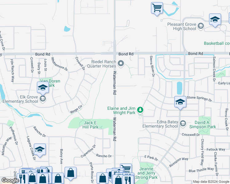map of restaurants, bars, coffee shops, grocery stores, and more near 9328 Waterman Road in Elk Grove
