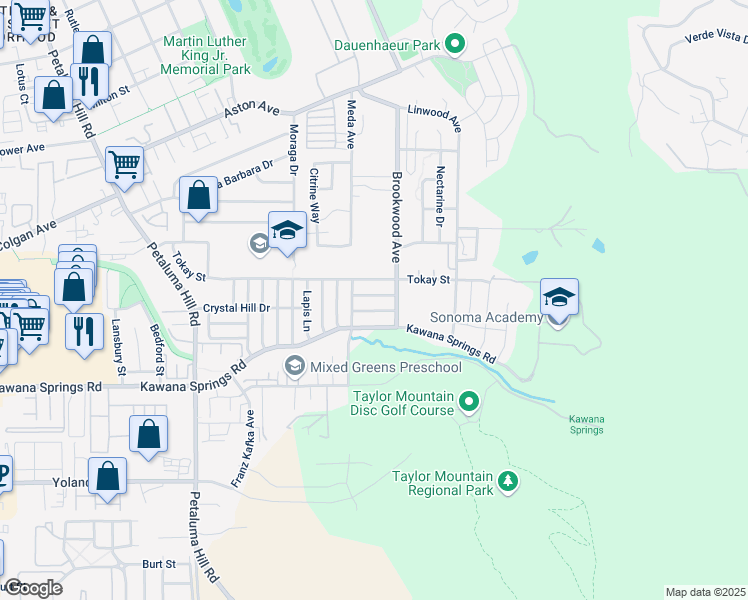 map of restaurants, bars, coffee shops, grocery stores, and more near 2216 Moldavite Lane in Santa Rosa