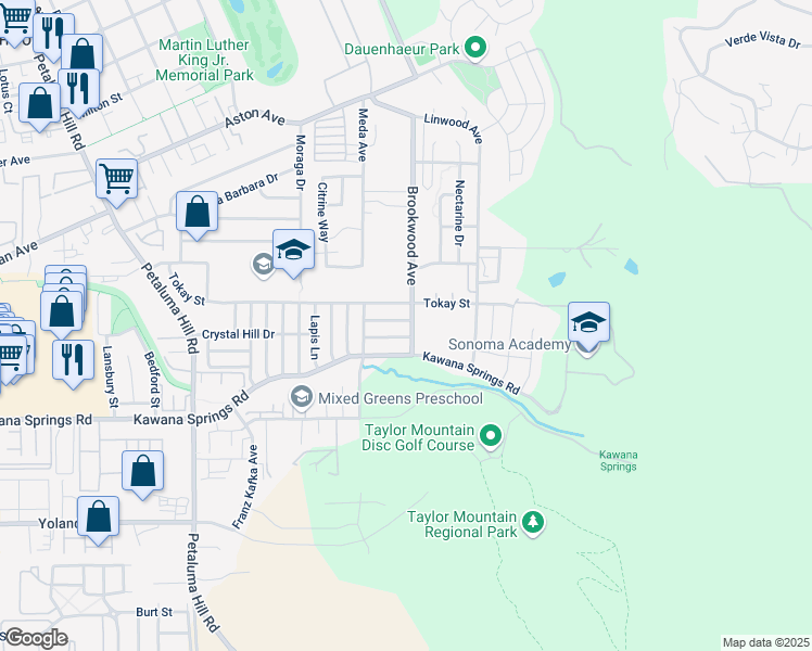 map of restaurants, bars, coffee shops, grocery stores, and more near 2232 Moldavite Lane in Santa Rosa