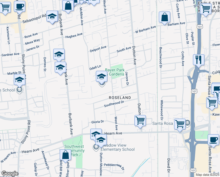 map of restaurants, bars, coffee shops, grocery stores, and more near 1777 West Avenue in Santa Rosa