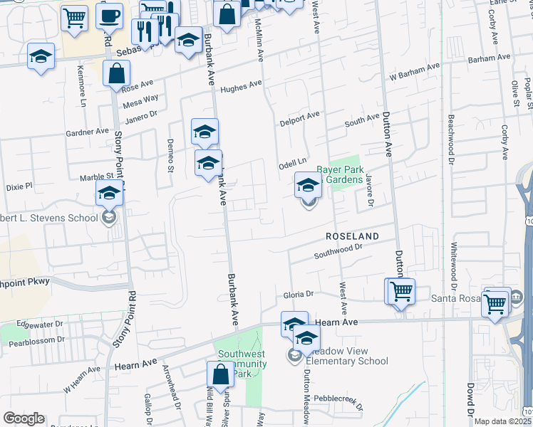 map of restaurants, bars, coffee shops, grocery stores, and more near 1830 Burbank Ave in Santa Rosa