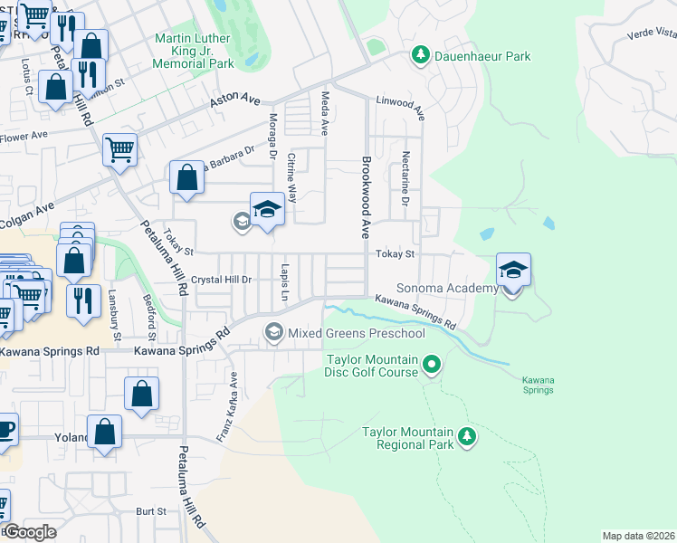 map of restaurants, bars, coffee shops, grocery stores, and more near 2208 Moldavite Lane in Santa Rosa