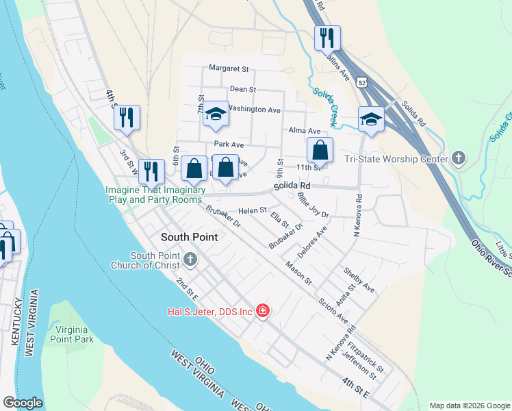 map of restaurants, bars, coffee shops, grocery stores, and more near 305 Helen Street in South Point