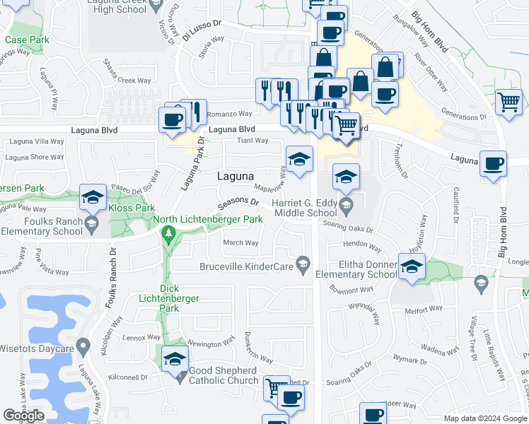 map of restaurants, bars, coffee shops, grocery stores, and more near 9305 Evanswood Court in Elk Grove