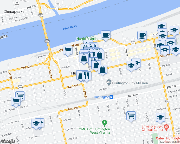 map of restaurants, bars, coffee shops, grocery stores, and more near 5th Ave & 9th St in Huntington
