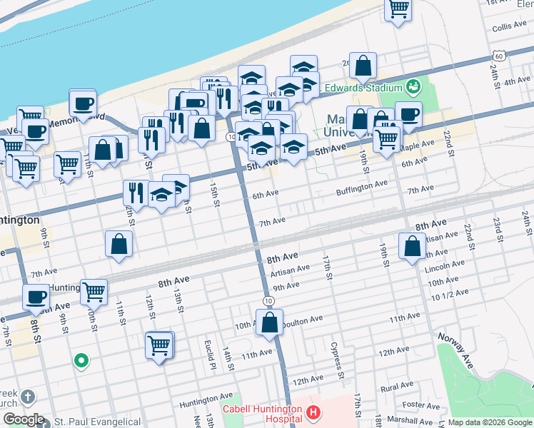 map of restaurants, bars, coffee shops, grocery stores, and more near 623 1/2 John Marshall Drive in Huntington