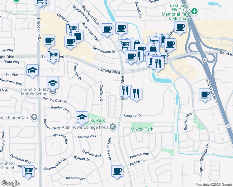 map of restaurants, bars, coffee shops, grocery stores, and more near 8350 Crystal Walk Circle in Elk Grove