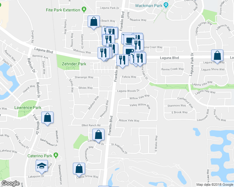 map of restaurants, bars, coffee shops, grocery stores, and more near 3122 Laguna Woods Drive in Elk Grove