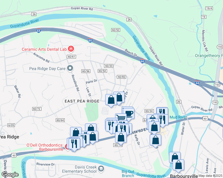 map of restaurants, bars, coffee shops, grocery stores, and more near 6404 Emerson Avenue in Huntington
