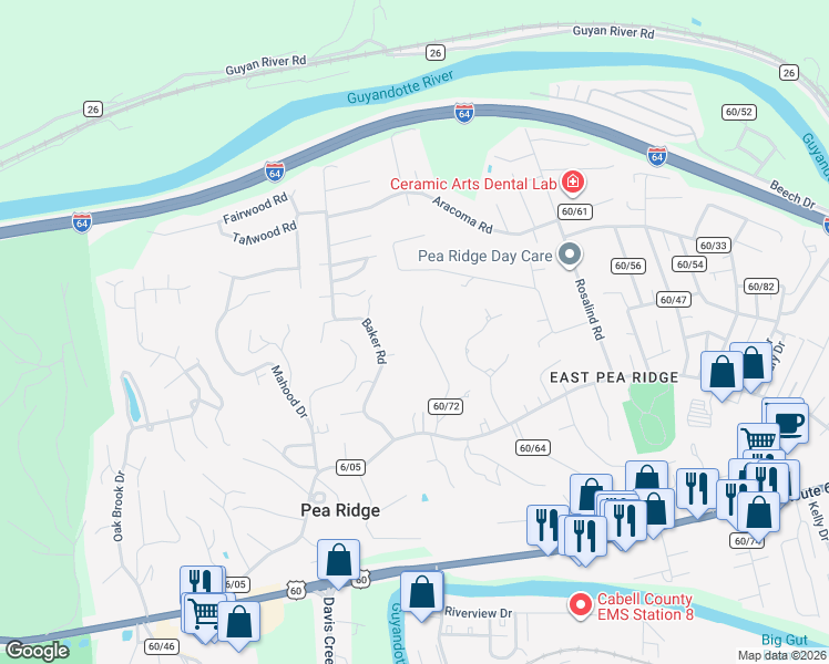map of restaurants, bars, coffee shops, grocery stores, and more near 6121 Gideon Road in Huntington