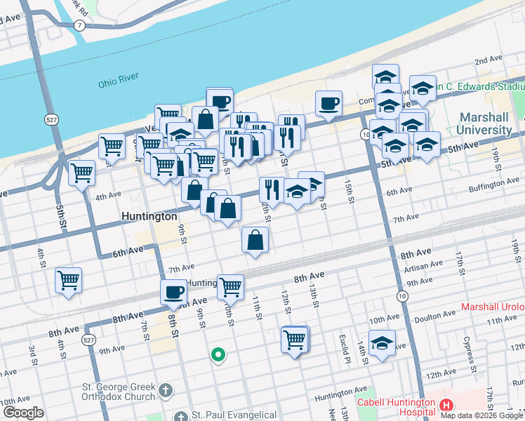 map of restaurants, bars, coffee shops, grocery stores, and more near 529 12th Street in Huntington