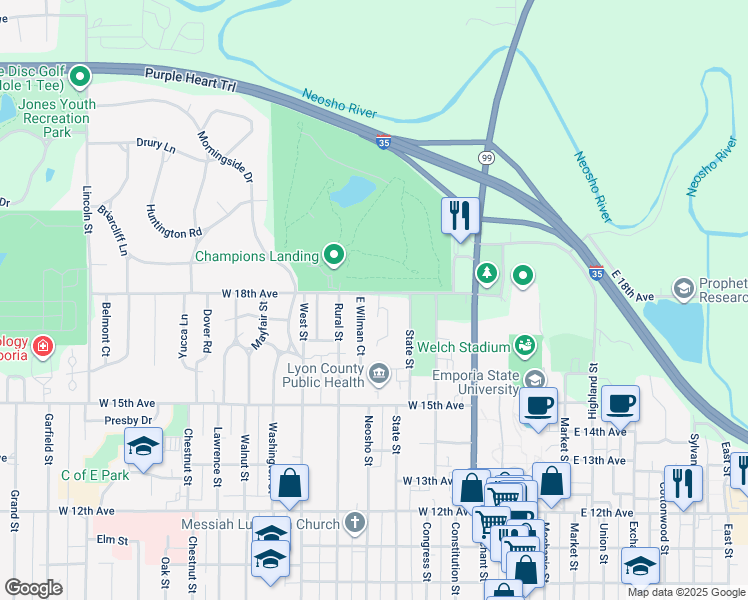 map of restaurants, bars, coffee shops, grocery stores, and more near 1733 Hammond Drive in Emporia